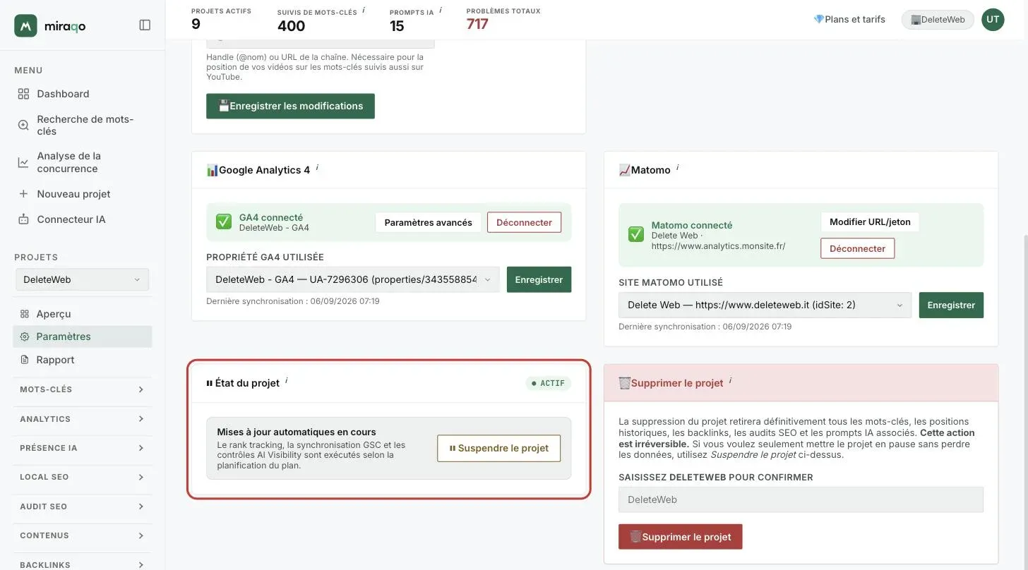 La carte État du projet mise en évidence avec la pastille Actif, la note Mises à jour automatiques en cours et le bouton Suspendre le projet ; à côté, la zone rouge Supprimer le projet avec le champ de confirmation
