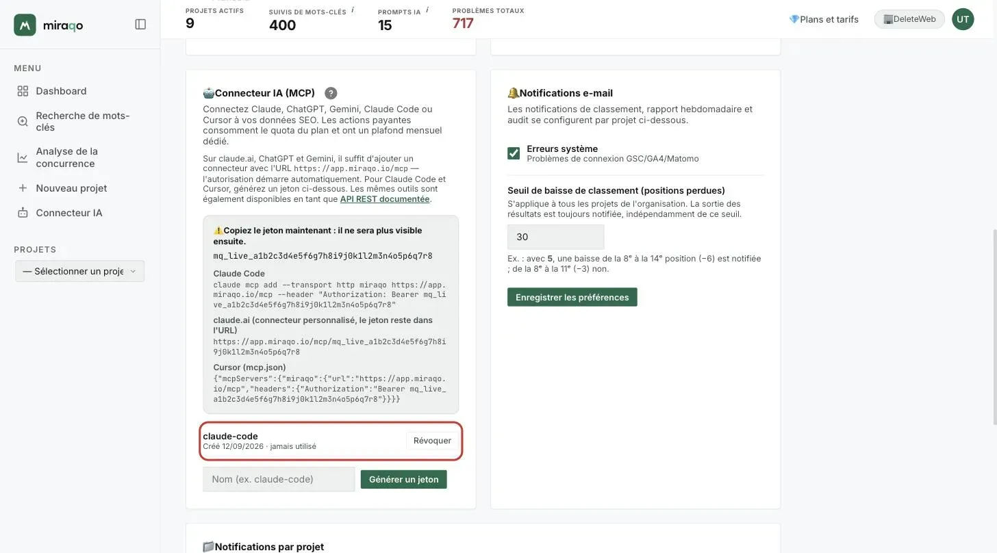 La liste des tokens actifs sous l’encadré : la ligne du token claude-code avec date de création, dernière utilisation et le bouton Révoquer, mise en évidence
