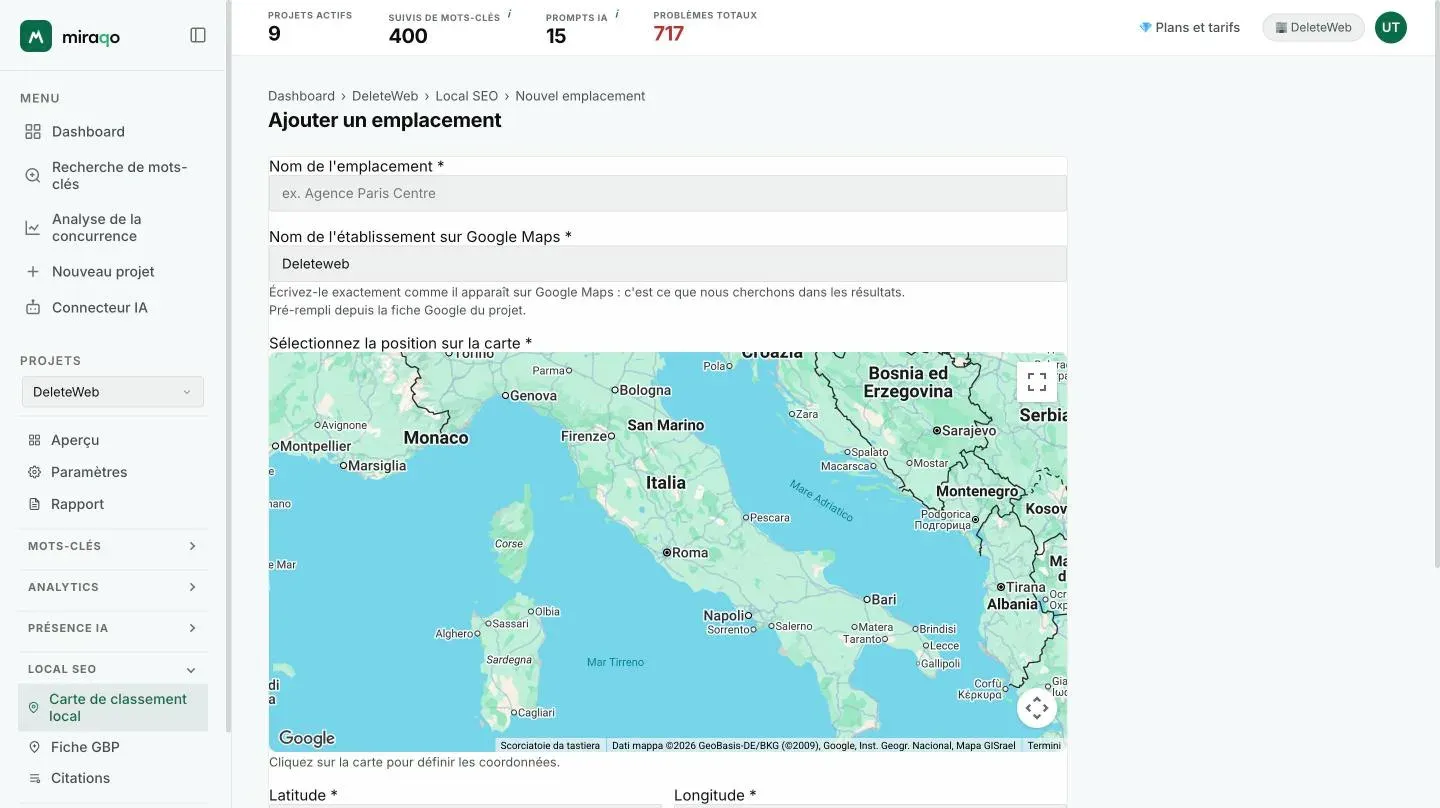 La page Ajouter un emplacement : champs Nom du lieu et Nom de l’établissement sur Google Maps (pré-rempli depuis la fiche Google) et la carte sur laquelle cliquer pour définir le centre de la grille