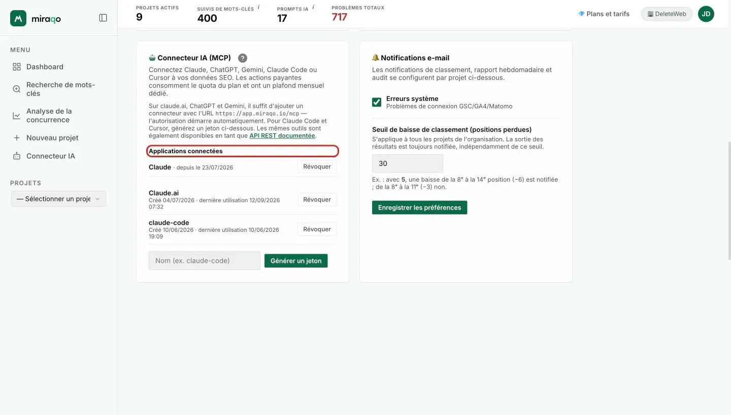 La section Applications connectées de la carte Connecteur IA, mise en évidence : la ligne de l’app Claude avec la date de connexion et le bouton Révoquer ; en dessous, la liste des tokens personnels