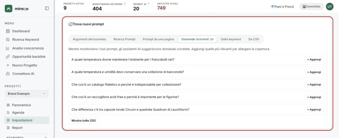 La card Trova nuovi prompt, scheda Domande ricorrenti aperta con il conteggio 20: le prime cinque domande, ciascuna con il pulsante + Aggiungi, e sotto il pulsante Mostra tutte (20)