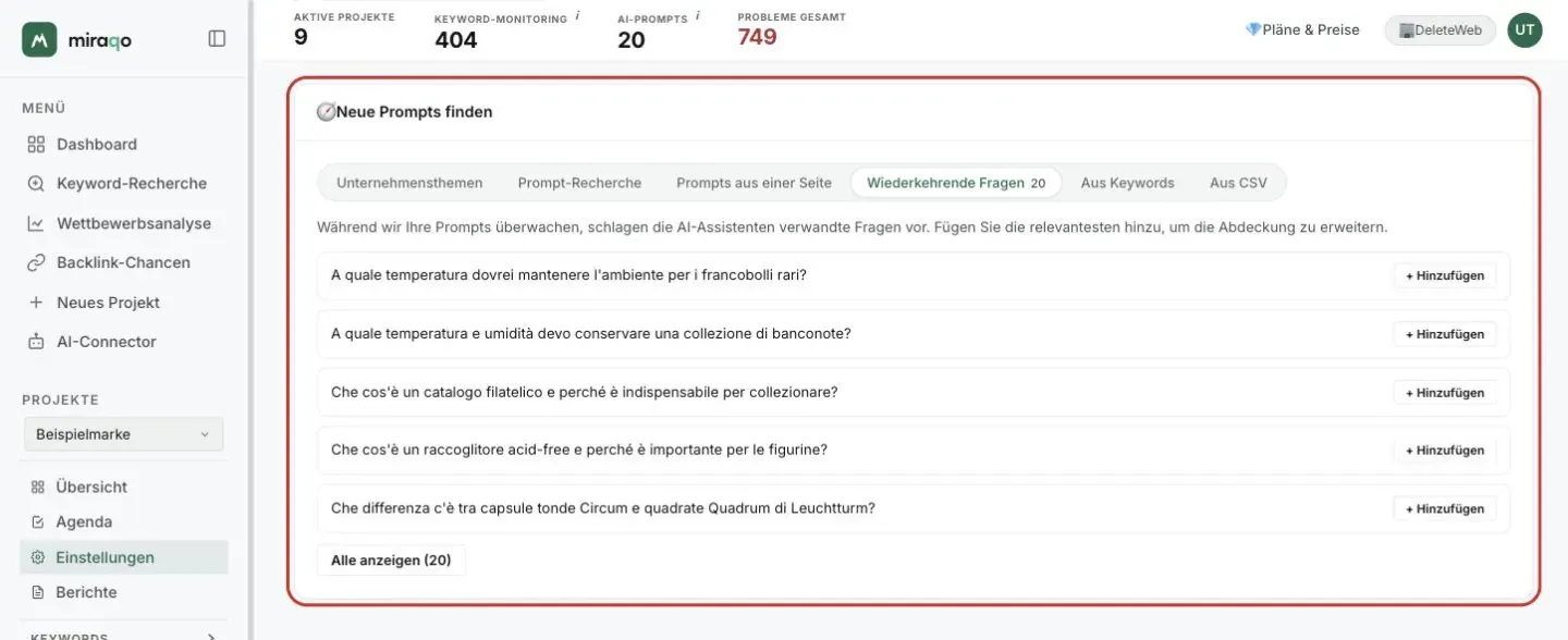 Die Karte Neue Prompts finden, Tab Wiederkehrende Fragen geöffnet mit dem Zähler 20: die ersten fünf Fragen, jede mit dem Button + Hinzufügen, und darunter der Button Alle anzeigen (20)