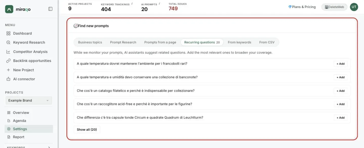 The Find new prompts card with the Recurring questions tab open and the count 20: the first five questions, each with the + Add button, and below the Show all (20) button