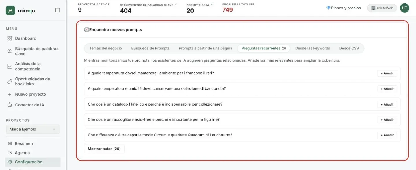La tarjeta Encuentra nuevos prompts, pestaña Preguntas recurrentes abierta con el contador 20: las cinco primeras preguntas, cada una con el botón + Añadir, y debajo el botón Mostrar todas (20)
