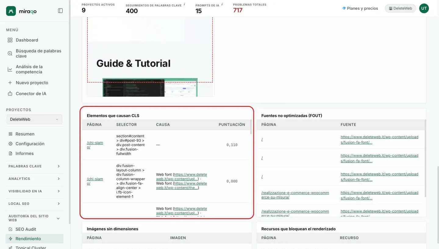 Las tarjetas Elementos que causan CLS, resaltada, con página, selector, causa y puntuación, y al lado Fuentes no optimizadas (FOUT) con página y fuente; debajo empiezan Imágenes sin dimensiones y Recursos que bloquean el renderizado