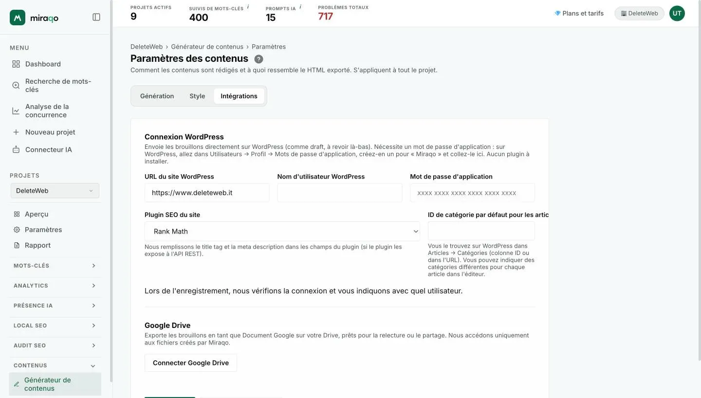 L’onglet Intégrations : la Connexion WordPress avec l’URL du site, le nom d’utilisateur, le mot de passe d’application, le plugin SEO et la catégorie par défaut, puis Google Drive avec le bouton Connecter et, en bas, Enregistrer