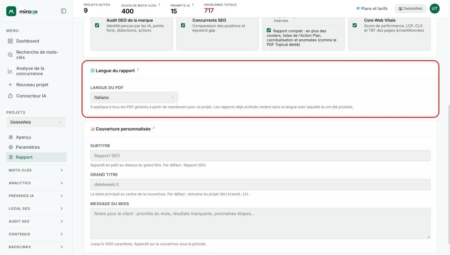 Les cartes Langue du rapport, avec le menu Langue du PDF, et Couverture personnalisée avec Surtitre, Grand titre et Message du mois ; en bas Enregistrer la configuration