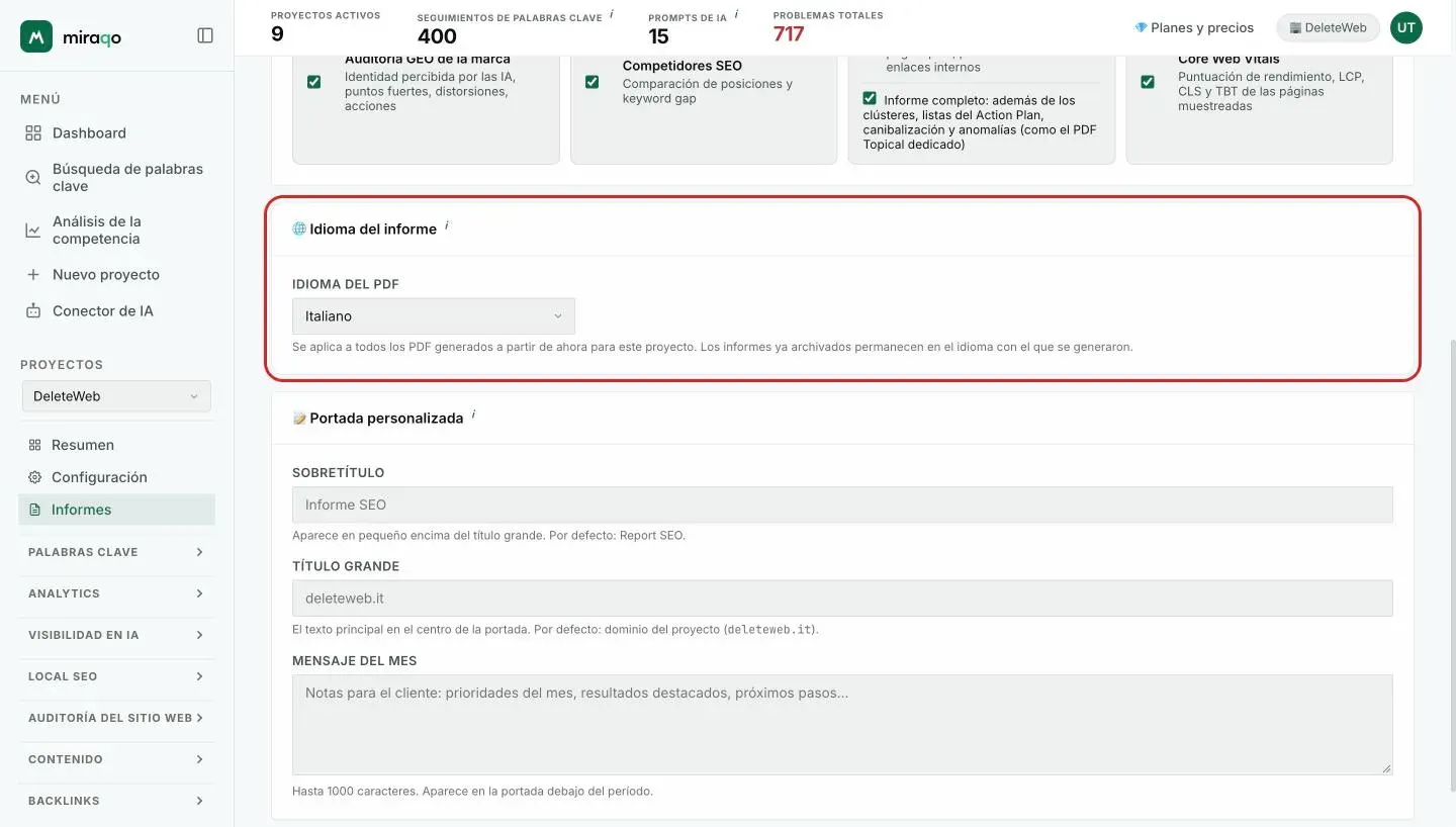 Las tarjetas Idioma del informe, con el menú Idioma del PDF, y Portada personalizada con Sobretítulo, Título grande y Mensaje del mes; al final Guardar configuración