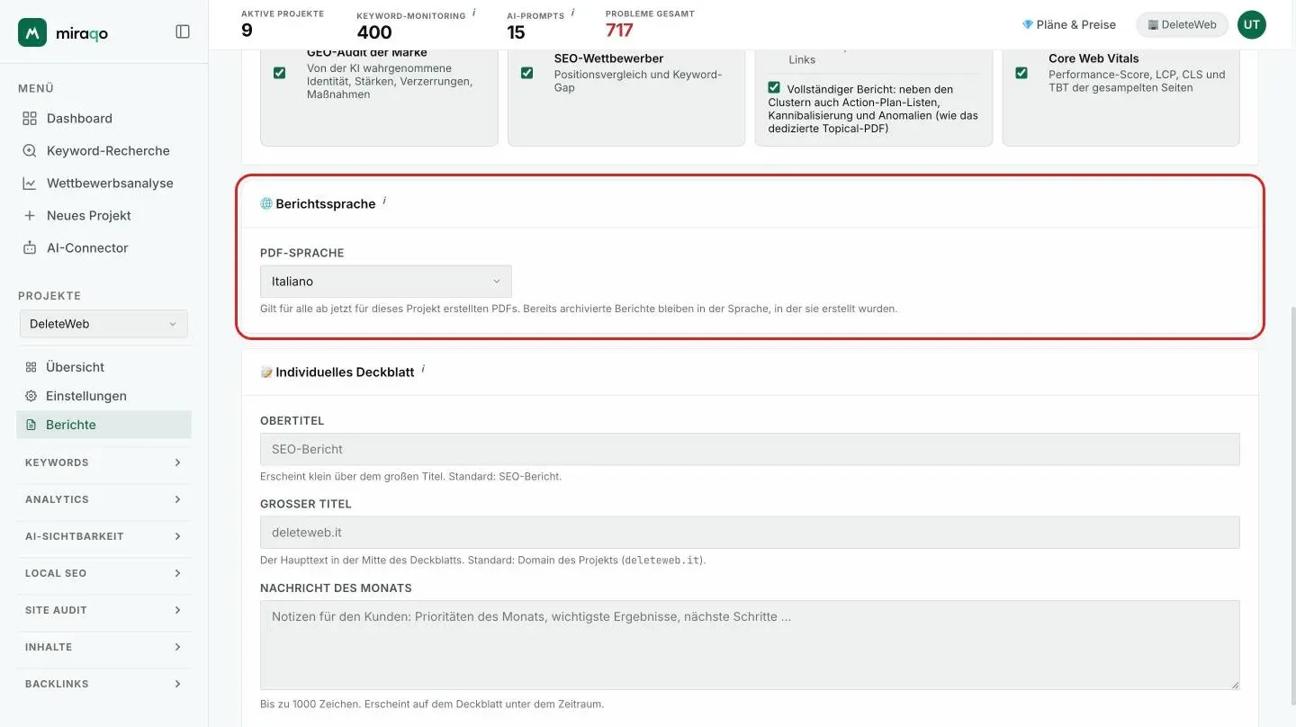Die Karten Sprache des Berichts, mit dem Menü PDF-Sprache, und Individuelles Deckblatt mit Obertitel, Großem Titel und Monatlicher Nachricht; unten Konfiguration speichern