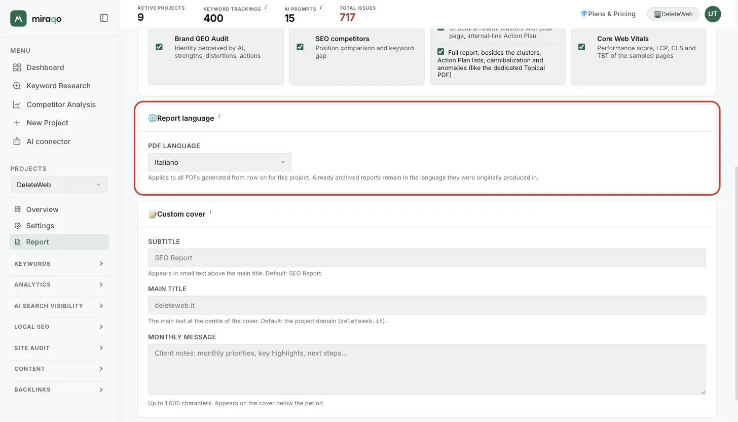 The Report Language card, with the PDF Language menu, and Custom Cover with Subtitle, Main title and Monthly message; at the bottom, Save configuration