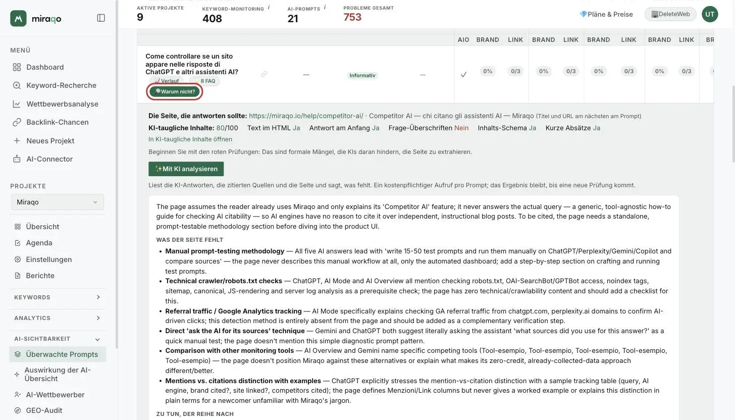 Der hervorgehobene Button Warum nicht? unter einem nicht zitierten Prompt und darunter die Zeile mit der Seite, die antworten sollte, den fünf Prüfungen KI-taugliche Inhalte und dem Button Mit KI analysieren