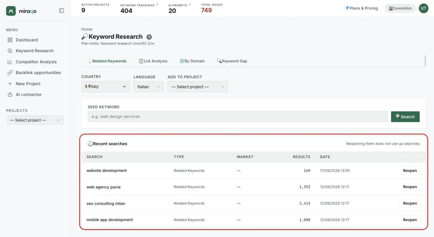 The Recent searches card, highlighted below the Seed keyword field: for each search the keyword, the Related Keywords mode, the market, the number of results, the date and the Reopen button; top right the note Reopening them does not use up searches