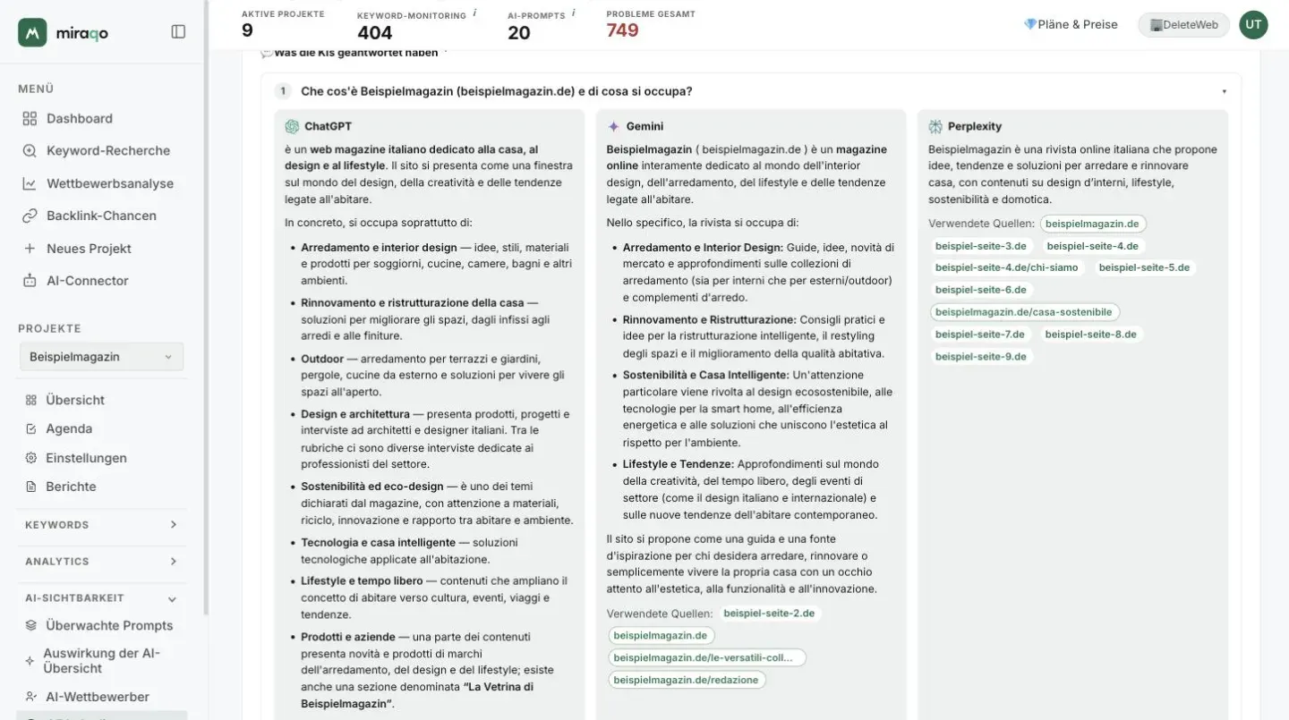 Die erste geöffnete Frage, Was ist die Marke und was tut sie: drei Spalten mit den Antworten von ChatGPT, Gemini und Perplexity, formatiert mit Fettdruck und Listen; unter Gemini und Perplexity die Verwendeten Quellen, mit den Seiten der Markenwebsite grün umrandet