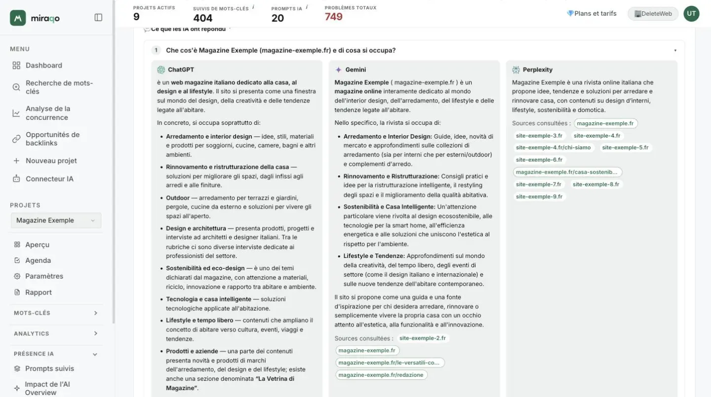 La première question ouverte, Qu’est-ce que la marque et quelle est son activité : trois colonnes avec les réponses de ChatGPT, Gemini et Perplexity, mises en forme avec des gras et des listes ; sous Gemini et Perplexity les Sources consultées, avec les pages du site de la marque bordées de vert
