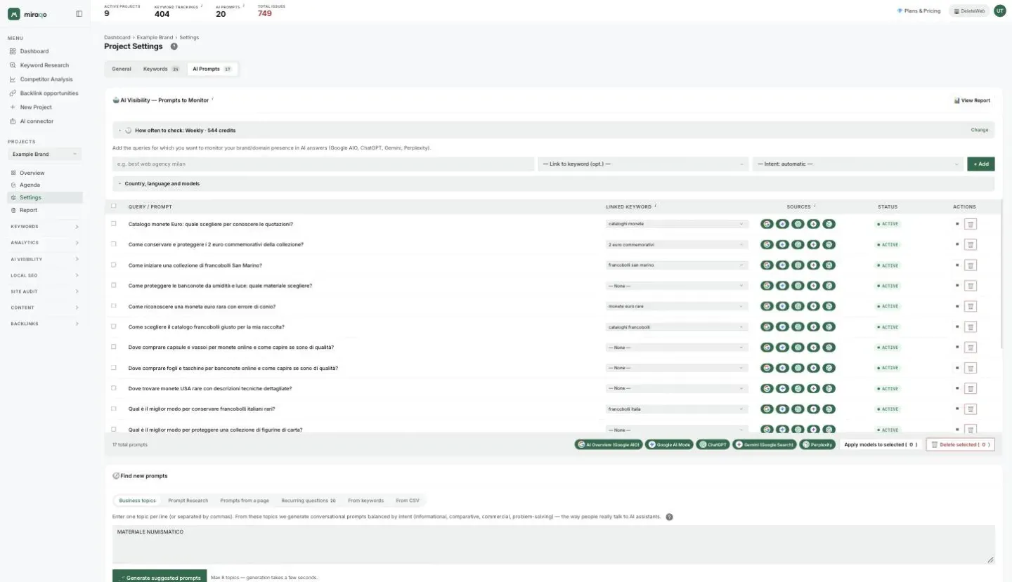 The whole AI Prompts tab: at the top the Prompts to Monitor card with the frequency row, the add form and the table of prompts; below the Find new prompts card with the Business topics, Prompt Research, Prompts from a page, Recurring questions, From keywords and From CSV tabs