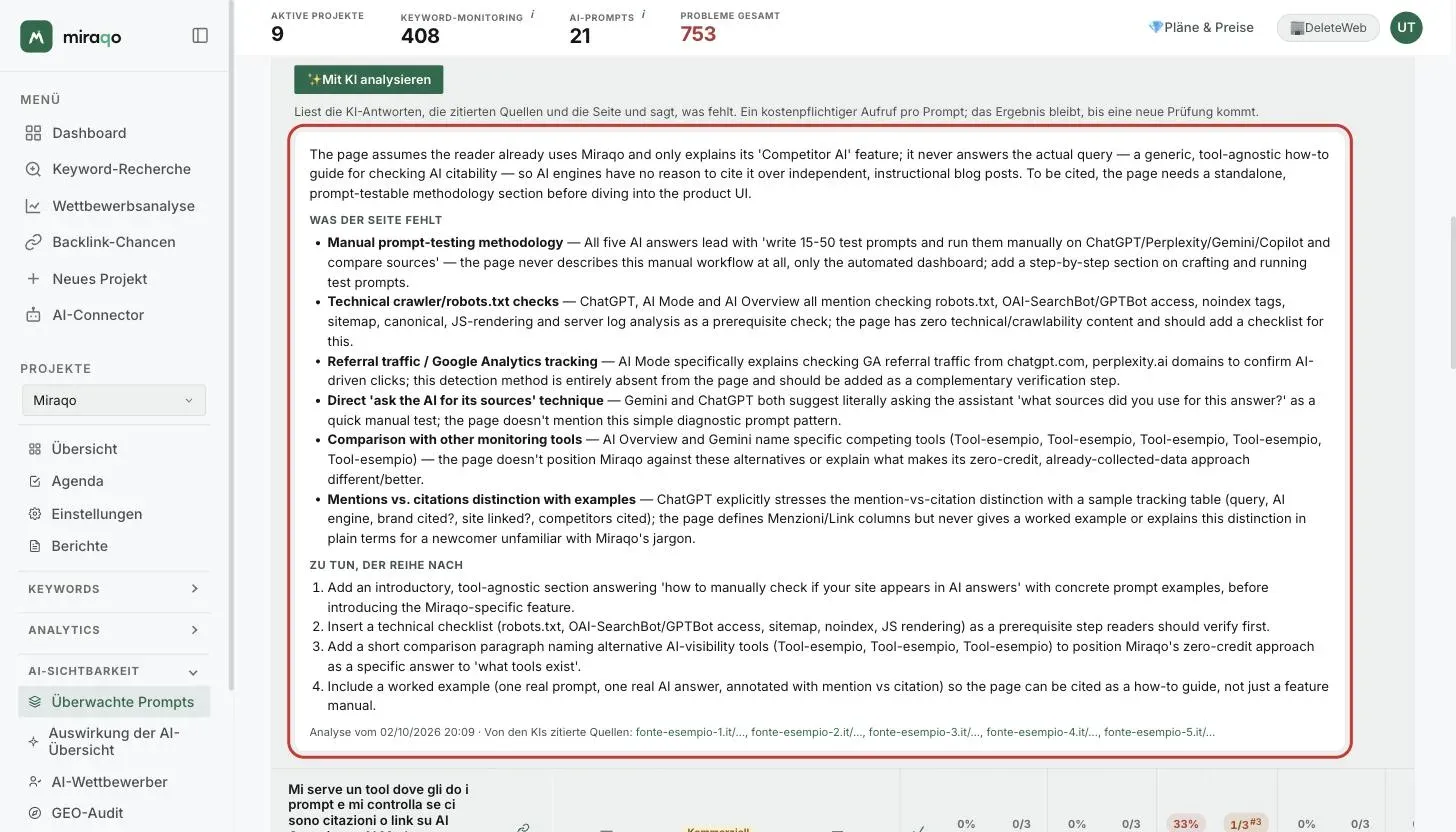 Die Zeile Warum nicht? mit dem hervorgehobenen Ergebnis der KI-Analyse: die Zusammenfassung, die Liste Was der Seite fehlt mit fünf fett gesetzten Punkten, die nummerierten Maßnahmen Zu tun, der Reihe nach und unten das Datum der Analyse und die von den KIs zitierten Quellen