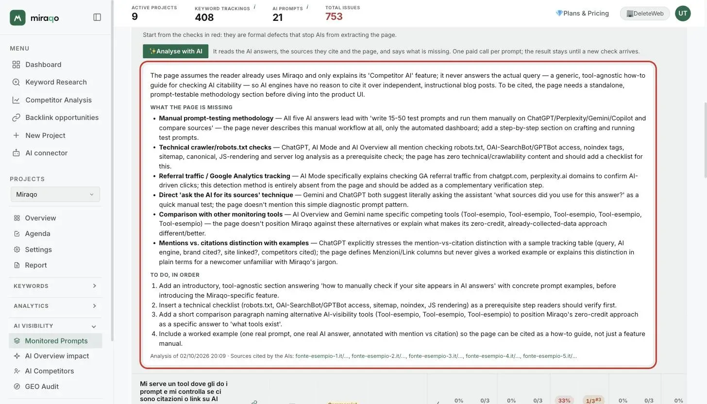 The Why not? row with the AI analysis result highlighted: the summary, the What the page is missing list with five bold points, the numbered To do in order actions and, at the bottom, the analysis date and the sources cited by the AIs