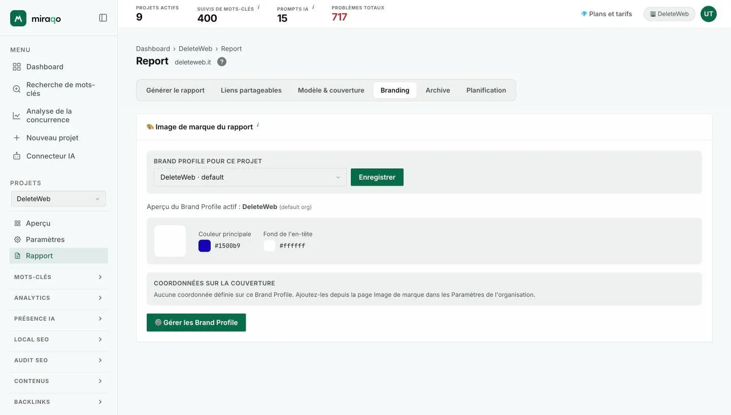 L’onglet Image de marque : le menu Brand Profile pour ce projet avec Enregistrer, l’aperçu du profil actif avec logo et couleurs, les coordonnées en couverture et le bouton Gérer le Brand Profile