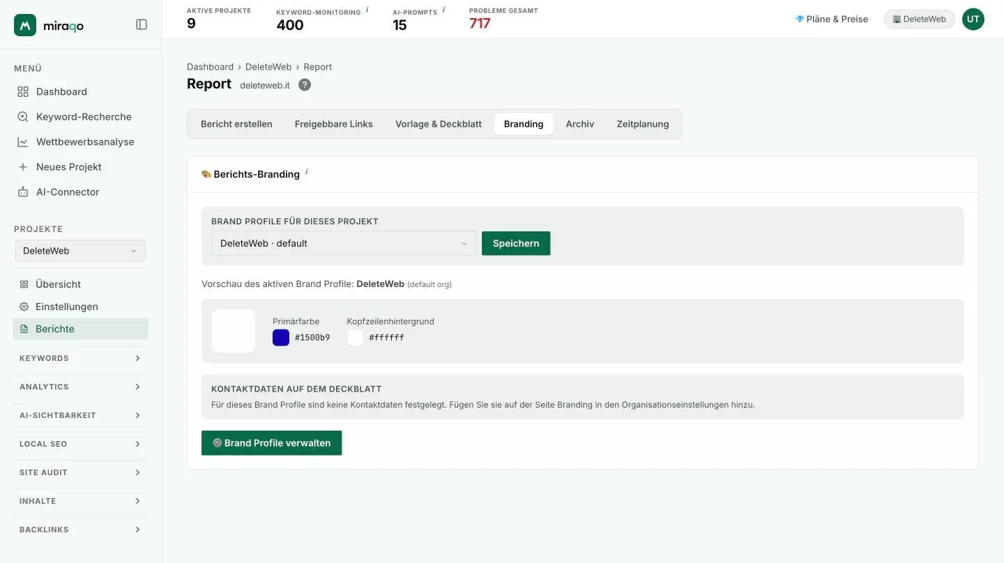 Der Tab Branding: das Menü Brand-Profil für dieses Projekt mit Speichern, die Vorschau des aktiven Profils mit Logo und Farben, die Kontaktdaten auf dem Deckblatt und der Button Brand Profile verwalten