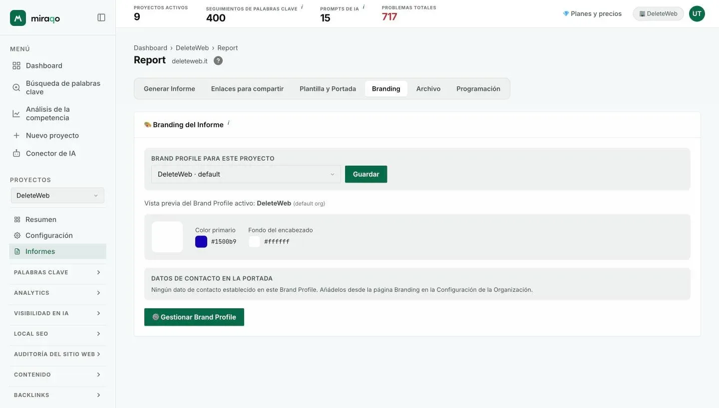 La pestaña Branding: el menú Brand Profile para este proyecto con Guardar, la vista previa del perfil activo con logo y colores, los datos de contacto en la portada y el botón Gestionar Brand Profile
