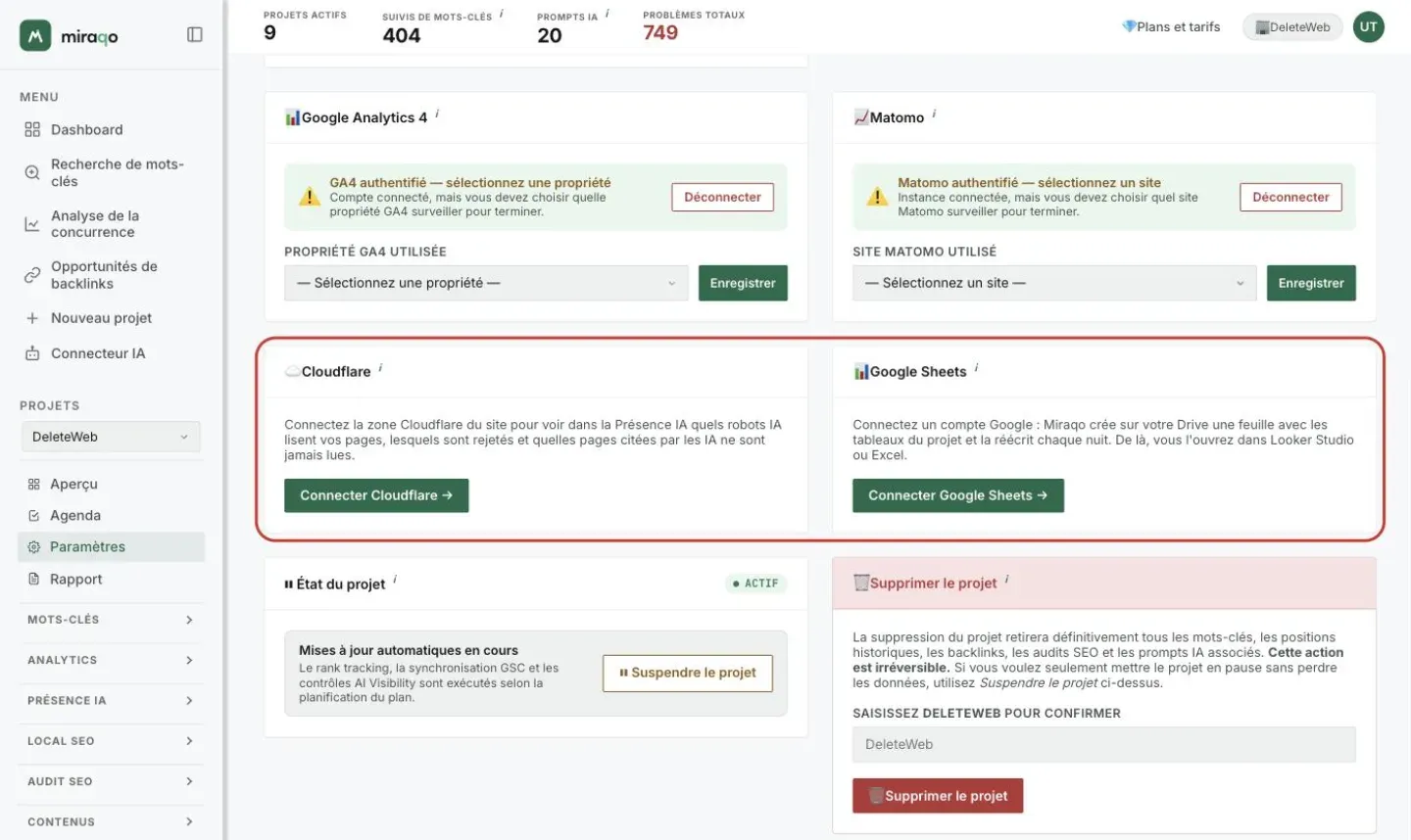 Les cartes Cloudflare et Google Sheets mises en évidence dans l’onglet Général des Paramètres : à gauche le texte de connexion Cloudflare avec le bouton Connecter Cloudflare, à droite celui de la feuille Google avec le bouton Connecter Google Sheets