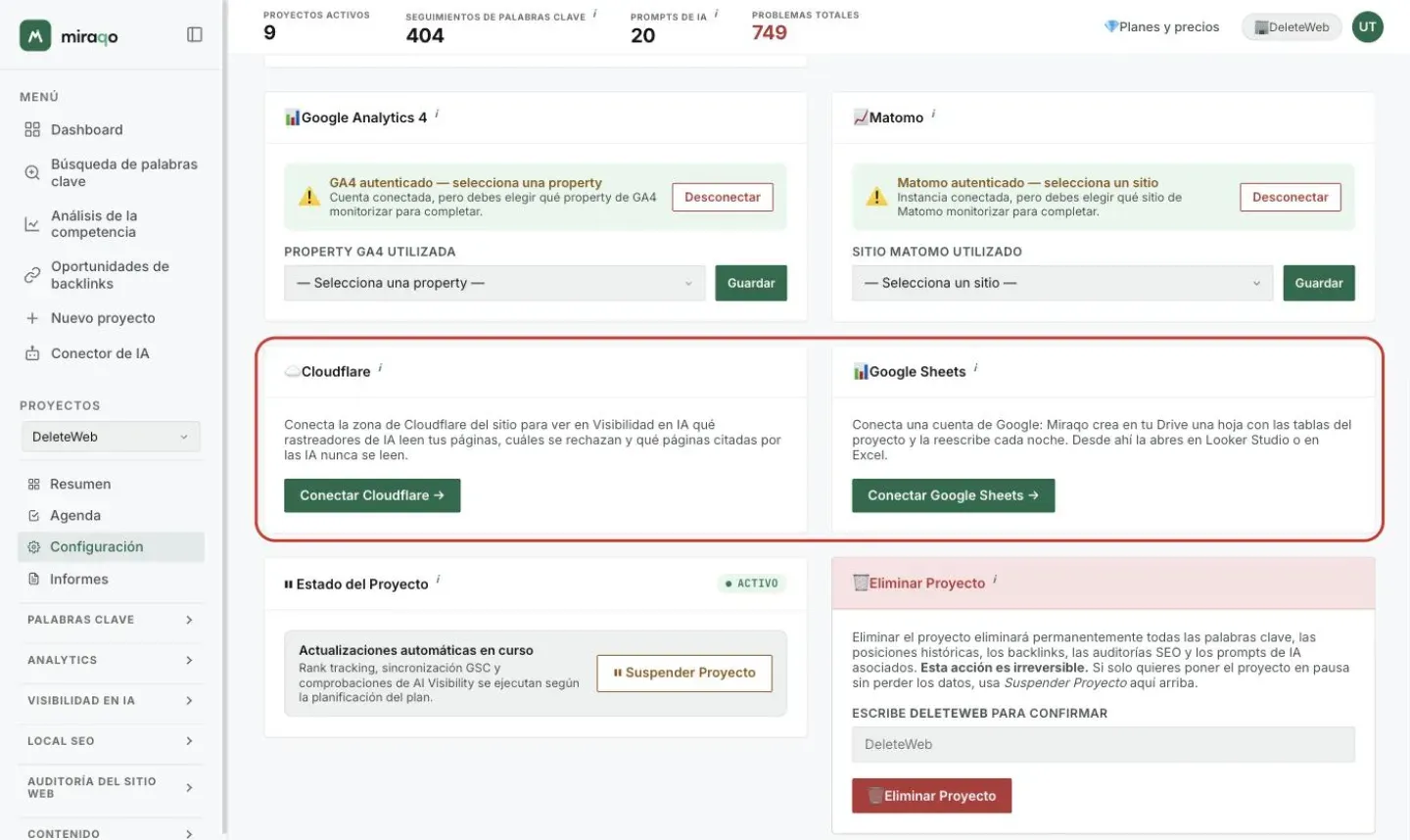 Las tarjetas Cloudflare y Google Sheets resaltadas en la pestaña General de la Configuración: a la izquierda el texto de conexión de Cloudflare con el botón Conectar Cloudflare, a la derecha el de la hoja de Google con el botón Conectar Google Sheets