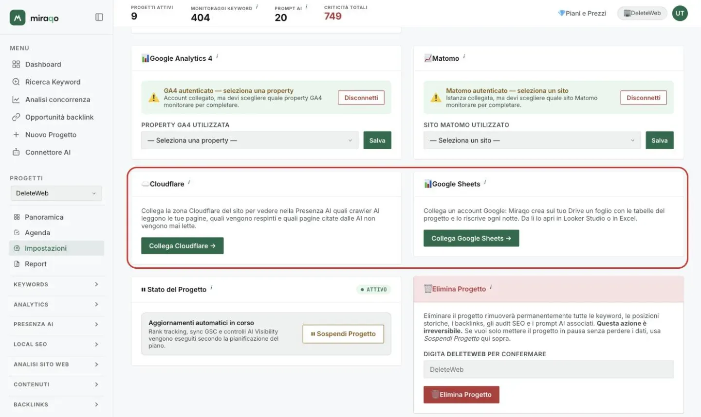 Le card Cloudflare e Google Sheets evidenziate nel tab Generale delle Impostazioni: a sinistra la spiegazione del collegamento Cloudflare con il pulsante Collega Cloudflare, a destra quella del foglio Google con il pulsante Collega Google Sheets