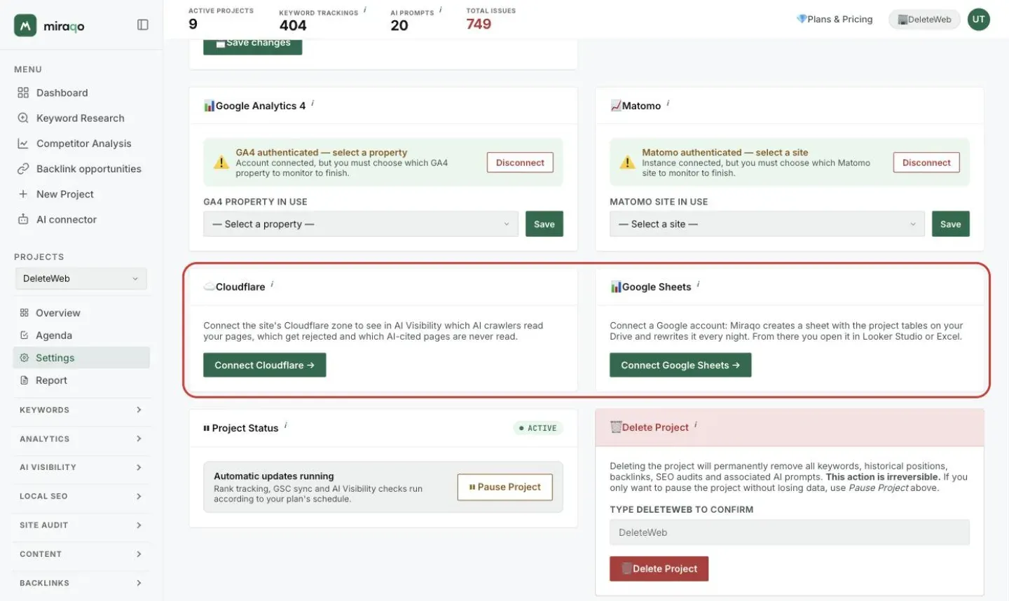 The Cloudflare and Google Sheets cards highlighted in the General tab of Settings: on the left the Cloudflare connection text with the Connect Cloudflare button, on the right the Google sheet text with the Connect Google Sheets button