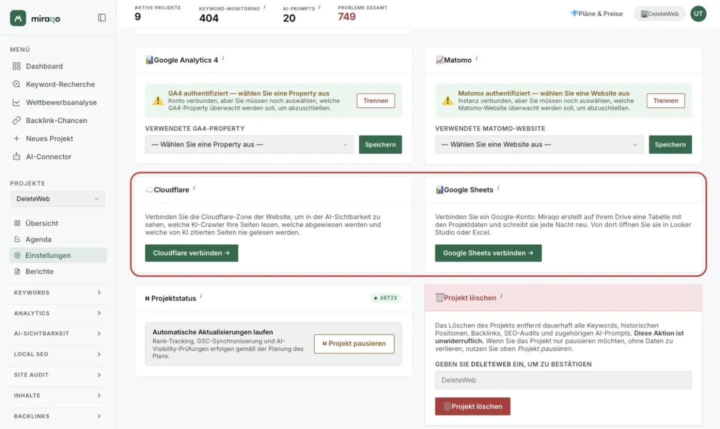 Die Karten Cloudflare und Google Sheets im Tab Allgemein der Einstellungen hervorgehoben: links der Text zur Cloudflare-Verbindung mit der Schaltfläche Cloudflare verbinden, rechts der Text zur Google-Tabelle mit der Schaltfläche Google Sheets verbinden