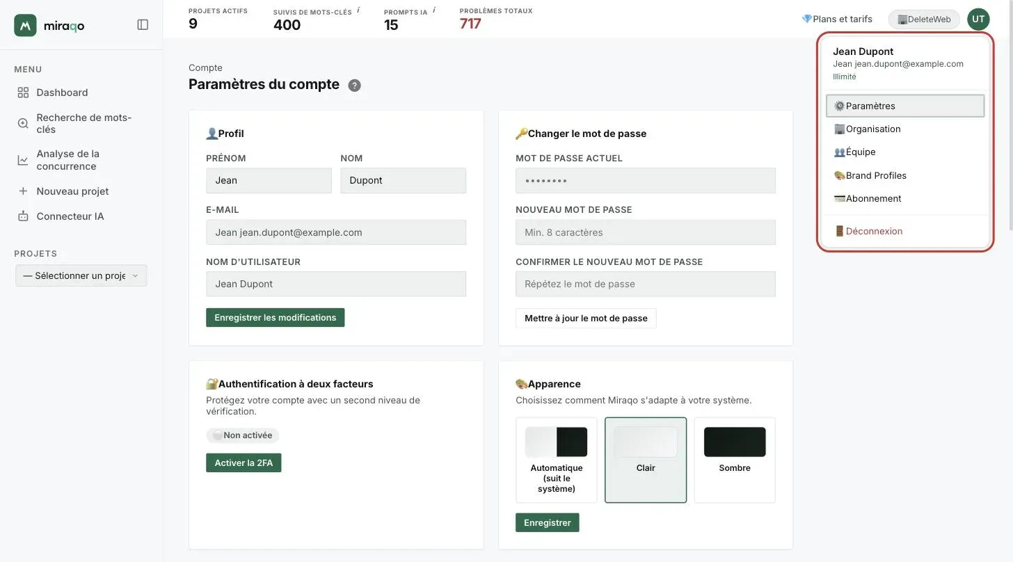 Le menu utilisateur ouvert depuis les initiales en haut à droite : nom d’utilisateur, e-mail et plan, puis les éléments Paramètres, Organisation, Équipe, Brand Profiles, Abonnement et Déconnexion