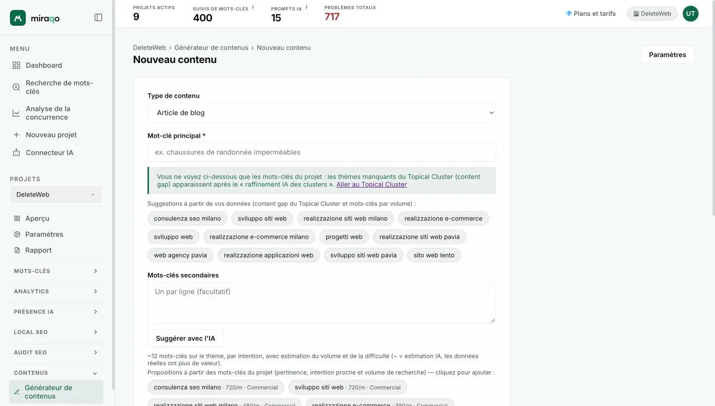 Le formulaire Nouveau contenu : Type de contenu, Mot-clé principal avec les suggestions issues de vos données sous forme de puces, Mots-clés secondaires et le bouton Suggérer avec l’IA avec les propositions par intention et volume