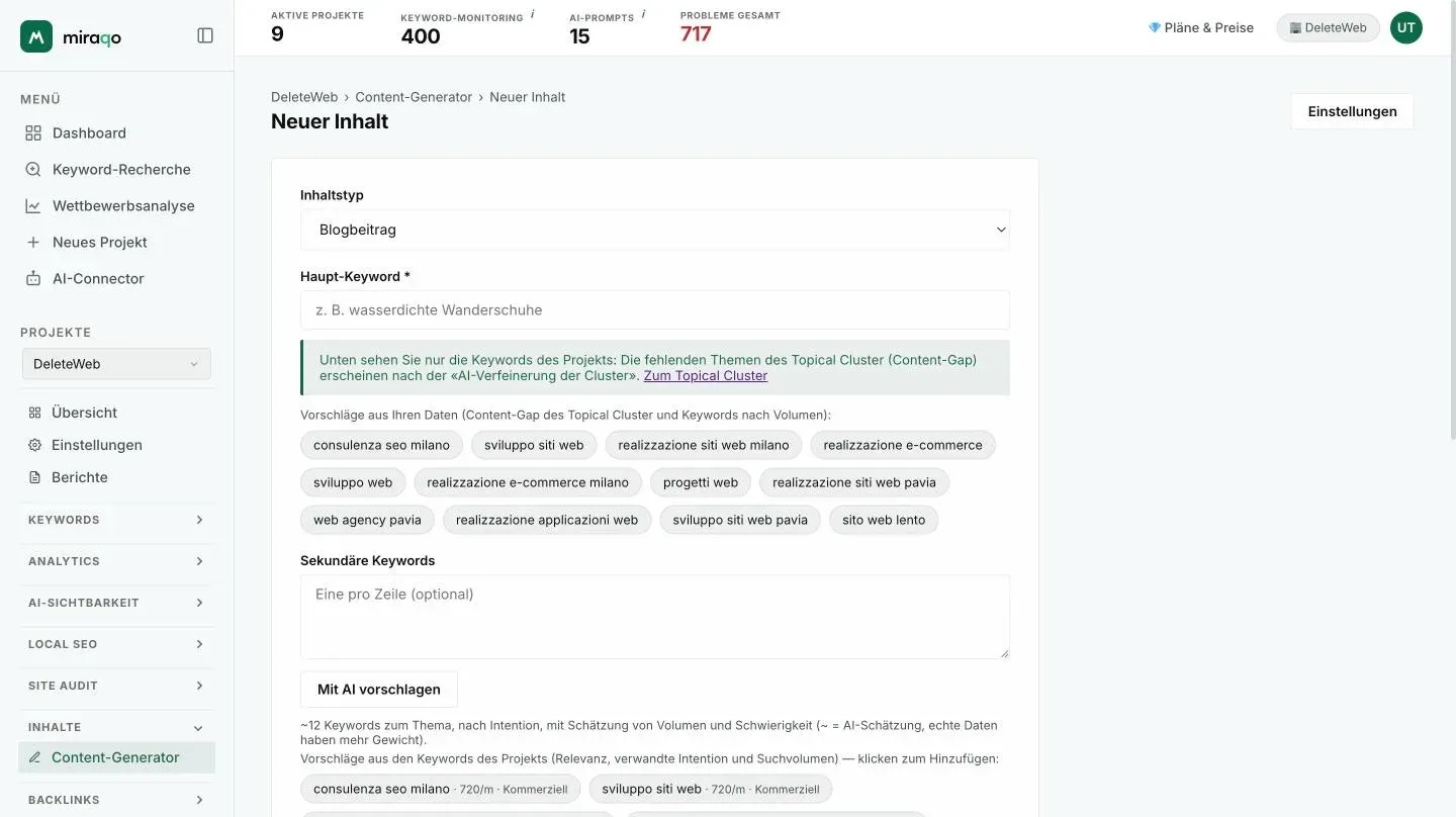 Das Formular Neuer Inhalt: Content-Typ, Haupt-Keyword mit den Vorschlägen aus deinen Daten als Chips, Sekundäre Keywords und der Button Mit AI vorschlagen mit den Vorschlägen nach Intent und Volumen
