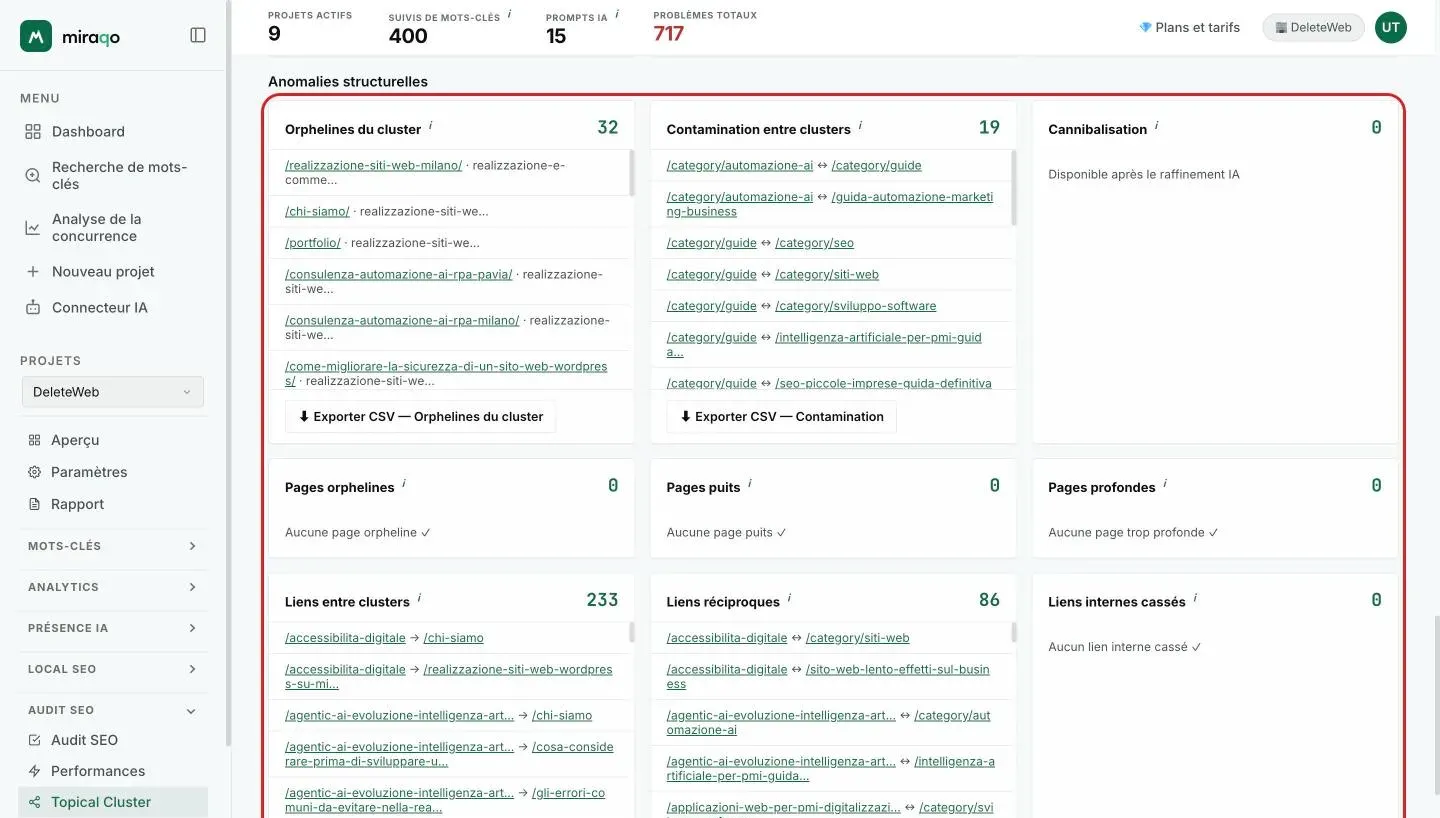 La section Anomalies structurelles : une carte par problème avec le comptage en haut à droite, les listes de pages ou de paires et les boutons Exporter en CSV pour Orphelines du cluster et Contamination ; les cartes sans anomalie affichent une coche