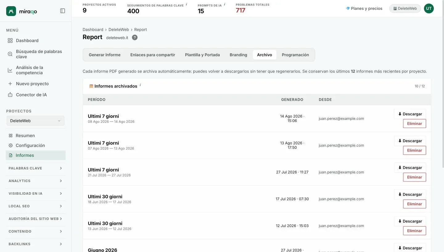 La pestaña Archivo: la tabla Informes archivados con periodo, fecha de generación, quién lo generó y los botones Descargar y Eliminar para cada PDF, con el contador sobre el total de 12