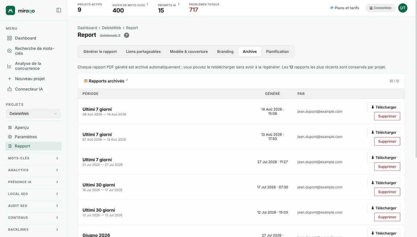 L’onglet Archive : le tableau Rapports archivés avec période, date de génération, qui l’a généré et les boutons Télécharger et Supprimer pour chaque PDF, avec le compteur sur le total de 12