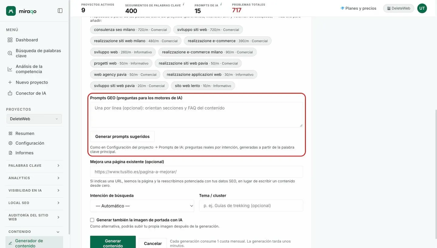 La parte final del formulario: Prompts GEO con Generar prompts sugeridos, Mejora una página existente con el campo URL, Intención de búsqueda, Tema / cluster, la casilla para la portada con IA y el botón Generar