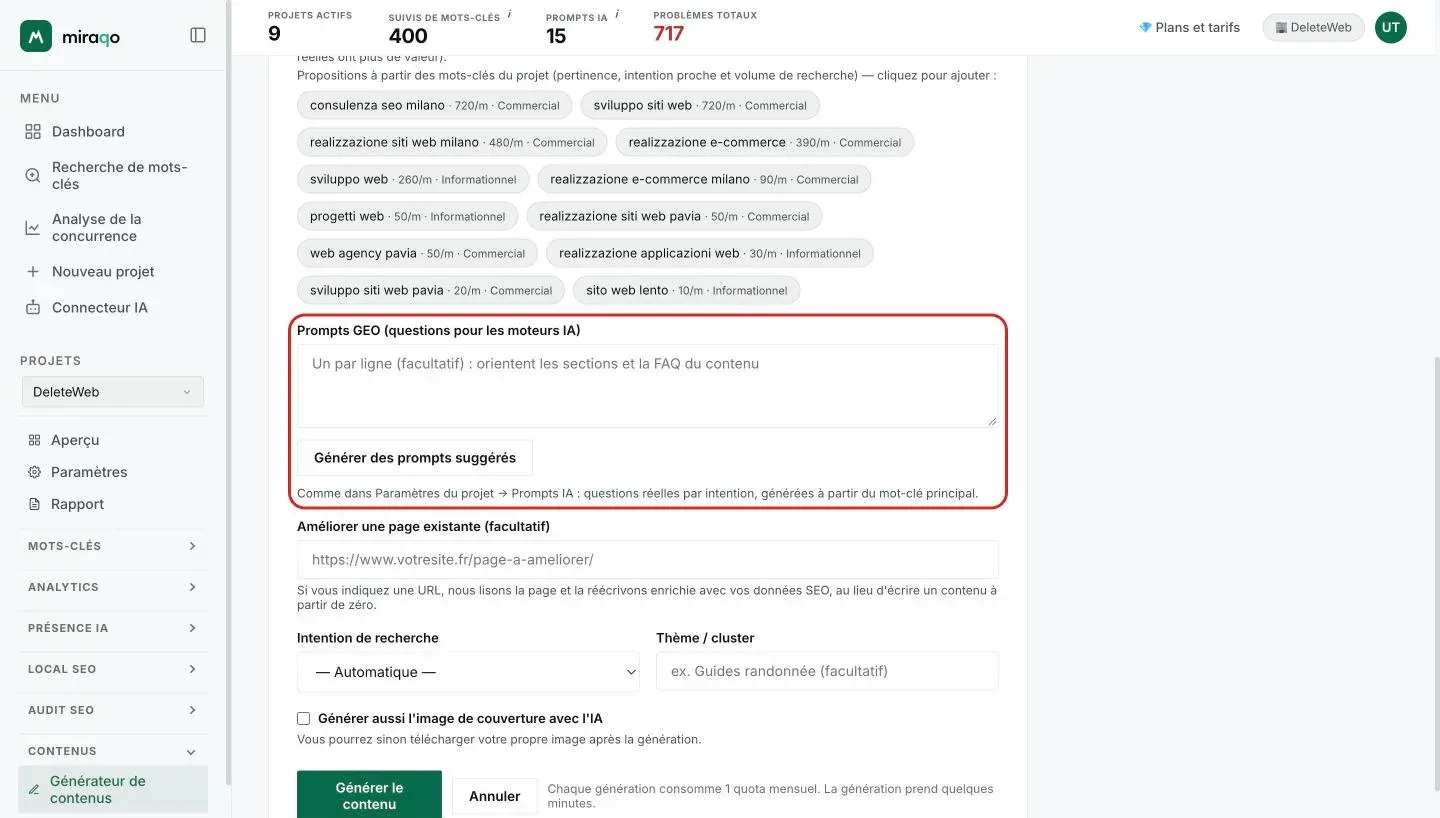 La partie finale du formulaire : Prompt GEO avec Générer des prompts suggérés, Améliorer une page existante avec le champ URL, Intention de recherche, Thème / cluster, la case pour la couverture IA et le bouton Générer