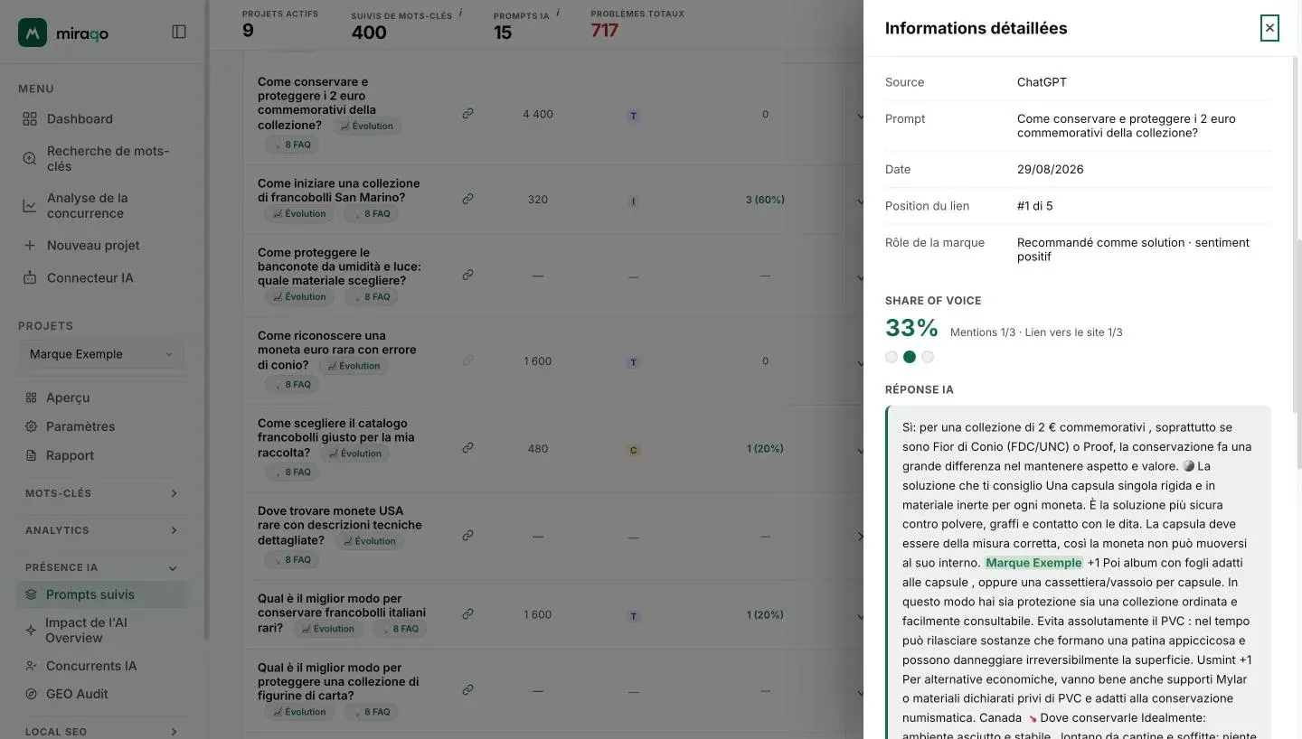 Le panneau Informations détaillées ouvert à droite : source, prompt, date, position du lien et rôle de la marque, puis le Share of Voice en grand avec les trois points des exécutions et le début de la réponse IA avec la marque mise en évidence en vert