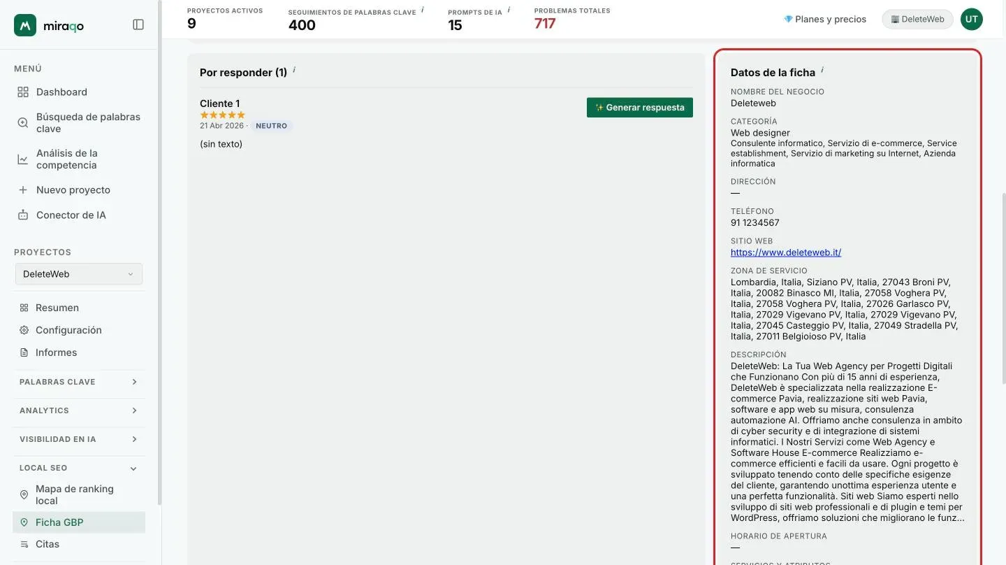 La tarjeta Datos de la ficha resaltada: nombre del negocio, categoría principal y secundarias, dirección con guion, teléfono, sitio web, zona de servicio y descripción