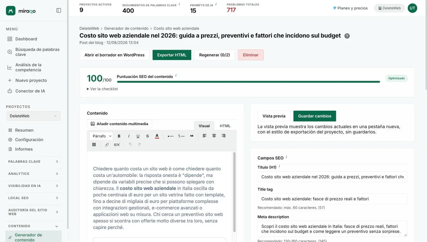 El editor de un borrador: arriba los botones Abrir el borrador en WordPress, Exportar HTML, Regenerar y Eliminar, luego la Puntuación SEO del contenido con la checklist; a la izquierda el editor con Añadir contenido multimedia y las pestañas Visual y HTML, a la derecha Vista previa, Guardar cambios y los Campos SEO