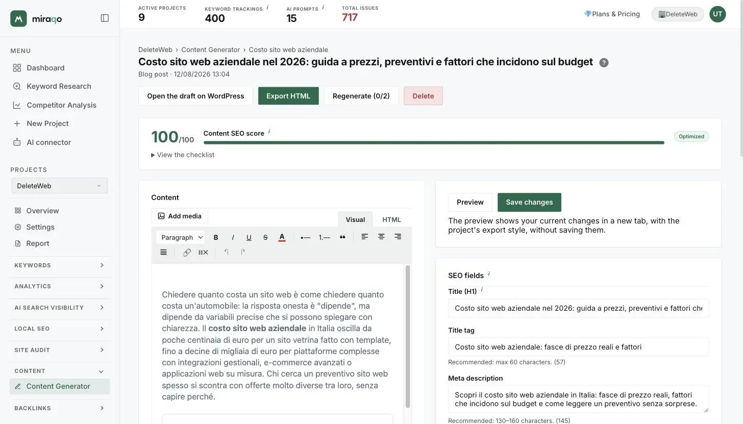 The draft editor: at the top the Open the draft on WordPress, Export HTML, Regenerate and Delete buttons, then the Content SEO score with the checklist; on the left the editor with Add media and the Visual and HTML tabs, on the right Preview, Save changes and the SEO fields