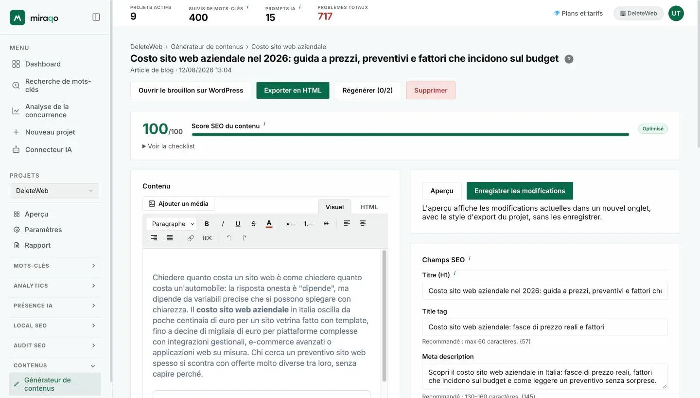 L’éditeur d’un brouillon : en haut les boutons Ouvrir le brouillon sur WordPress, Exporter en HTML, Régénérer et Supprimer, puis le Score SEO du contenu avec la checklist ; à gauche l’éditeur avec Ajouter un média et les onglets Visuel et HTML, à droite Aperçu, Enregistrer les modifications et les Champs SEO