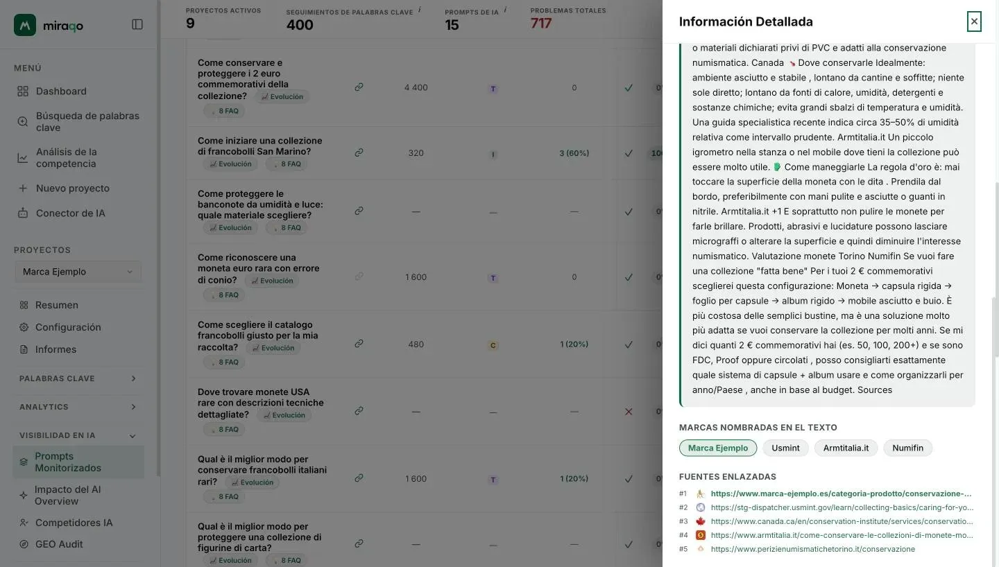 La parte final del panel: la respuesta íntegra, la lista Marcas nombradas en el texto como chips y las Fuentes enlazadas numeradas con favicon y dominio, la tuya resaltada