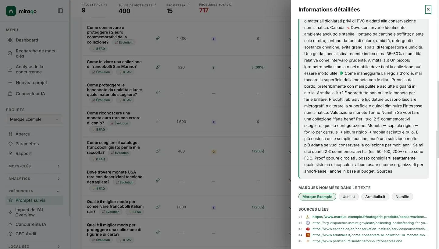 La partie finale du panneau : la réponse intégrale, la liste Marques nommées dans le texte sous forme de puces et les Sources liées numérotées avec favicon et domaine, la vôtre étant mise en évidence