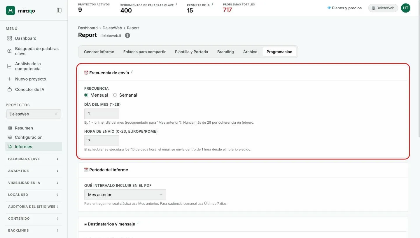 La pestaña Programación: la tarjeta Frecuencia de envío con Mensual o Semanal, el día del mes y la hora de envío, luego la tarjeta Periodo del informe con el menú del intervalo