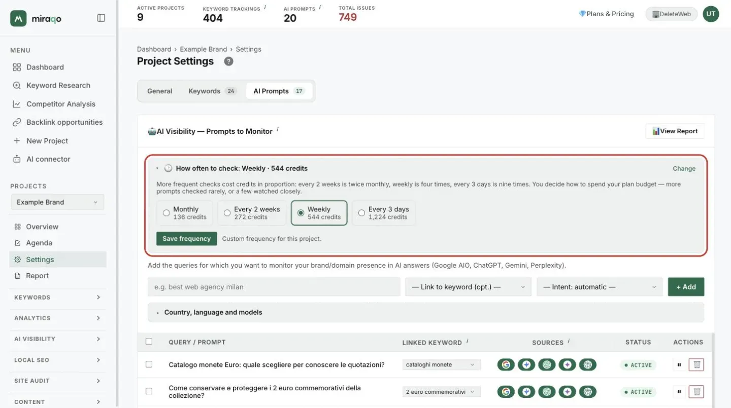 The How often to check row opened at the top of the Prompts to Monitor card, highlighted: the cost explanation, the four options Monthly, Every 2 weeks, Weekly and Every 3 days with their credits and the Save frequency button