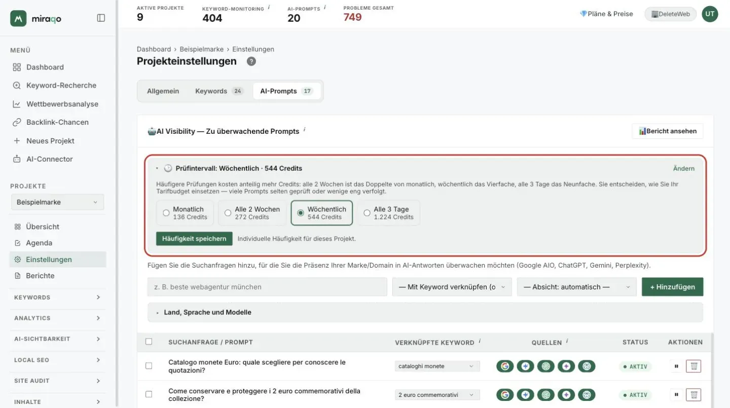 Die oben in der Karte Zu überwachende Prompts geöffnete Zeile Prüfintervall, hervorgehoben: die Kostenerklärung, die vier Optionen Monatlich, Alle 2 Wochen, Wöchentlich und Alle 3 Tage mit den Credits jeder Option und der Button Häufigkeit speichern