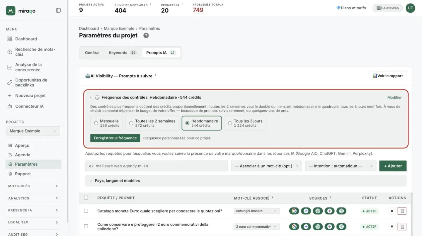 La ligne Fréquence des contrôles ouverte en haut de la carte Prompts à suivre, mise en valeur : l’explication du coût, les quatre options Mensuelle, Toutes les 2 semaines, Hebdomadaire et Tous les 3 jours avec les crédits de chacune et le bouton Enregistrer la fréquence