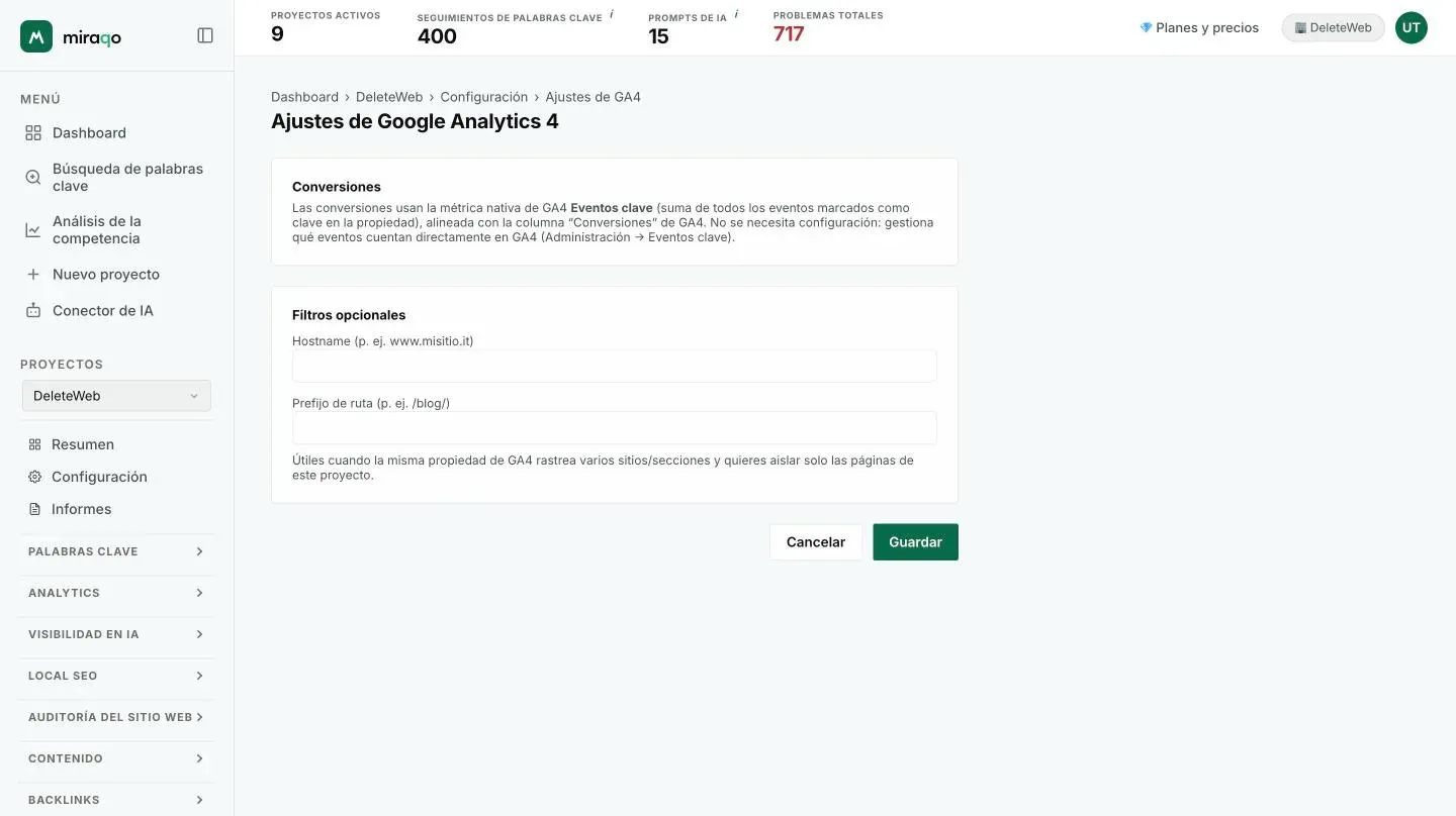 La página Configuración de Google Analytics 4: el recuadro Conversiones explica que se usan los Eventos clave nativos, debajo los Filtros opcionales Nombre de host y Prefijo de ruta con los botones Cancelar y Guardar