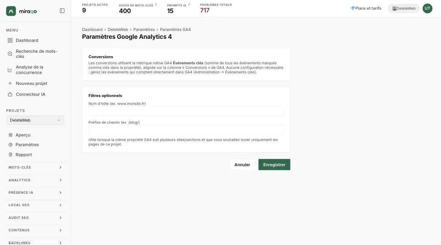 La page Paramètres Google Analytics 4 : l’encadré Conversions explique qu’on utilise les Événements clés natifs, en dessous les Filtres optionnels Nom d’hôte et Préfixe de chemin avec les boutons Annuler et Enregistrer
